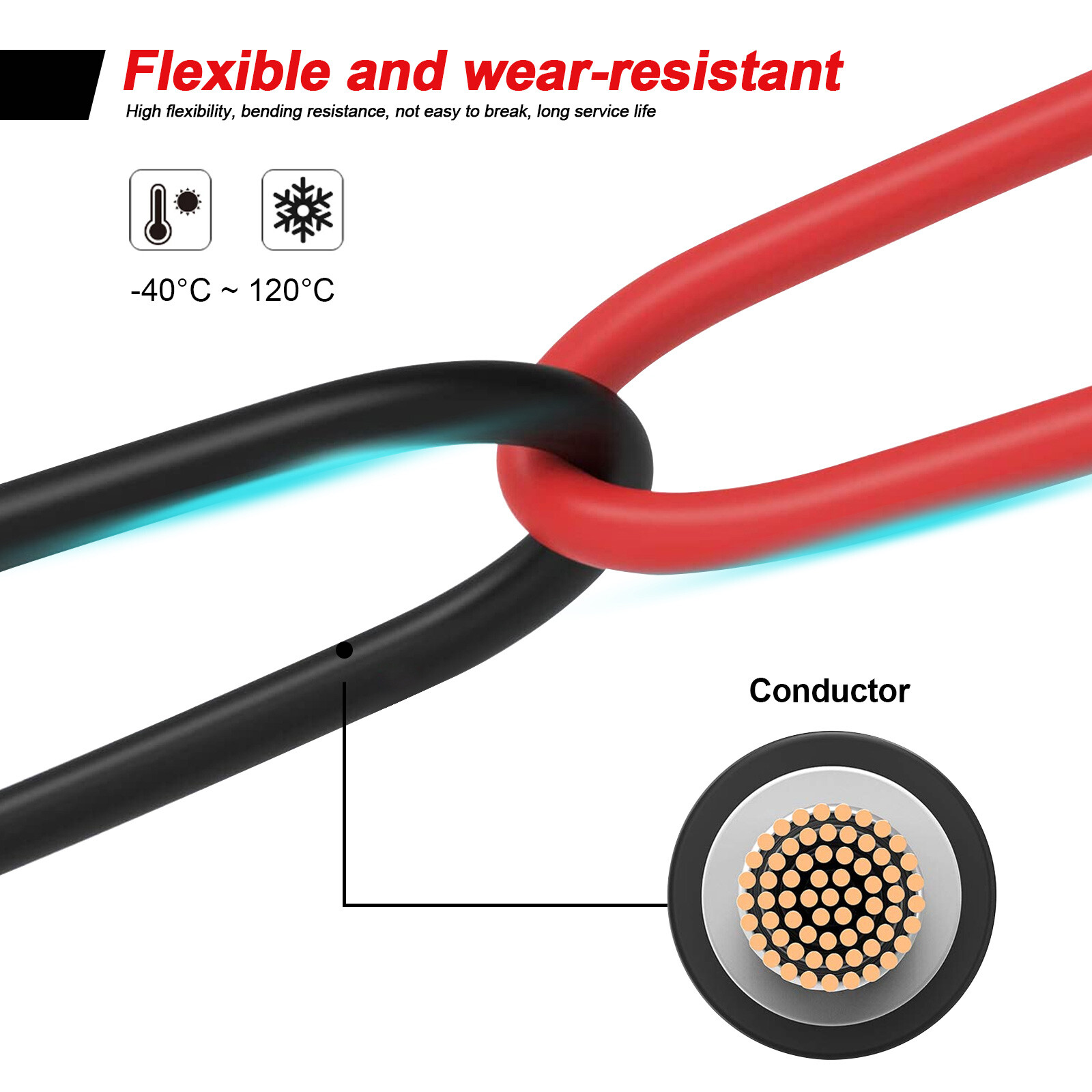 1 Pair Solar Panel Battery Extension Cables 10AWG Solar Panel Cables Black+Red