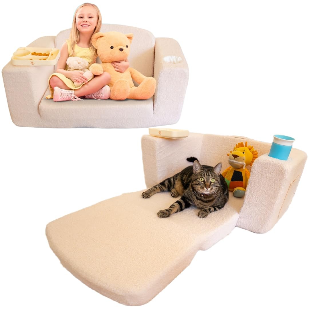 Extra Wide Toddler Lounge Chair with Built-in Cup Holders – Convertible 2-in-...