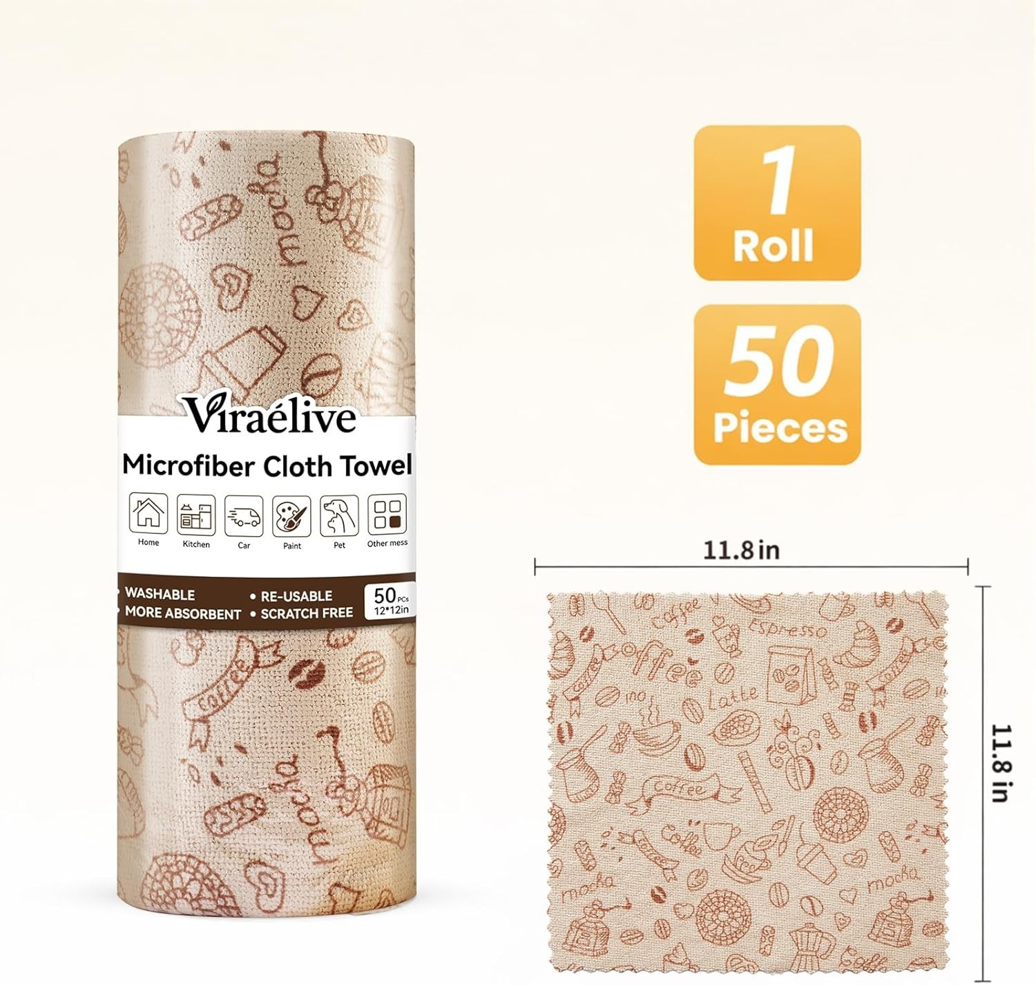 Viraelive Microfiber Cleaning Cloth Roll, 50 Pack, Food Pattern, 12"x12" | Re...