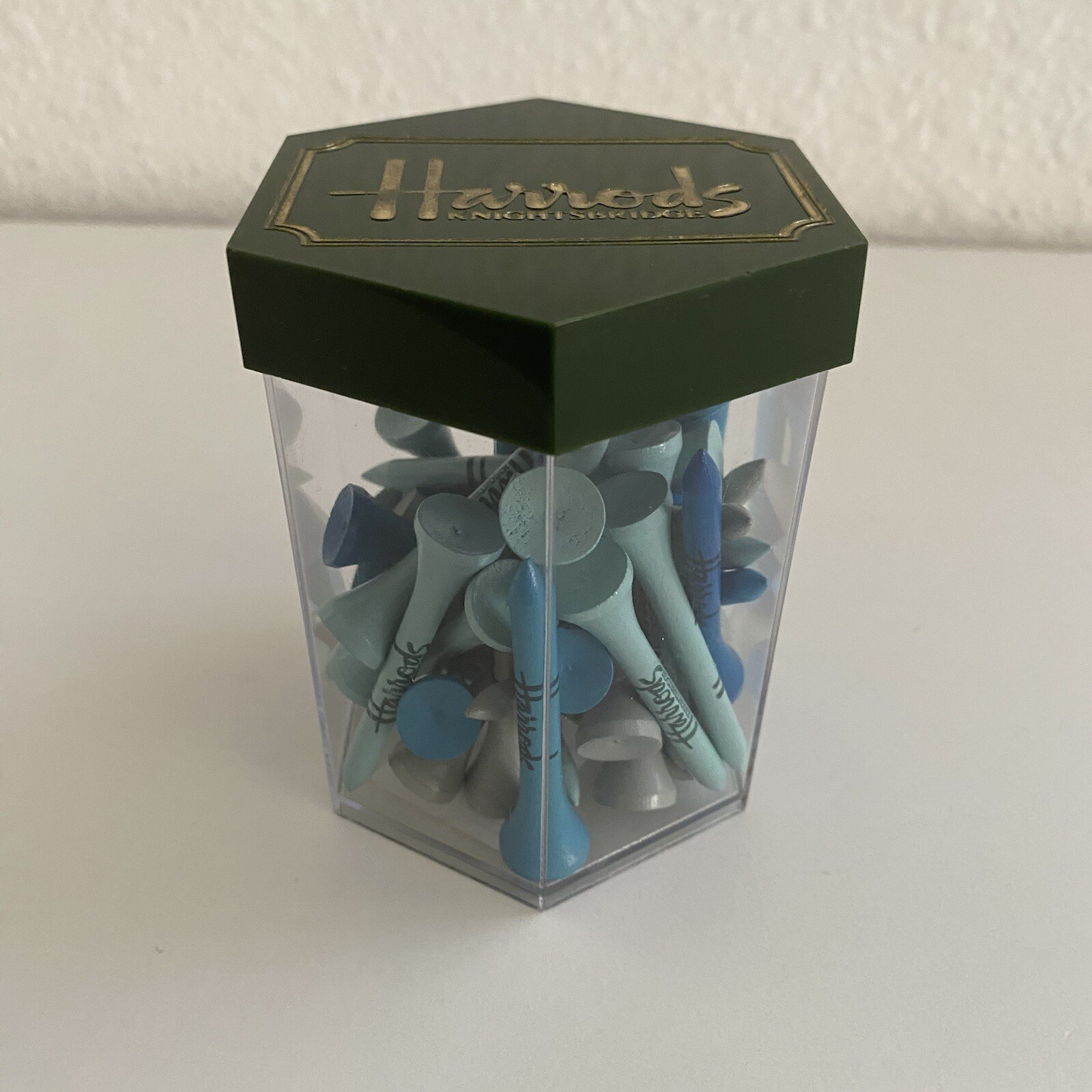 Harrods Of Knightsbridge Hex Tub Wooden Golf Tees Blue Hues Mixed Colors 41 Pcs