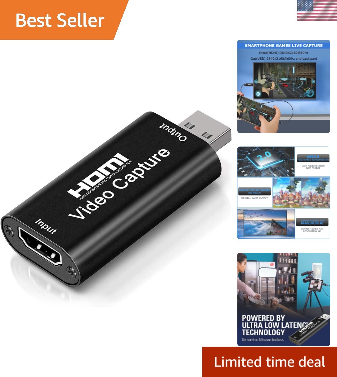 High-Speed 4K Video Capture Card - USB Adapter for Live Broadcasting & Recording