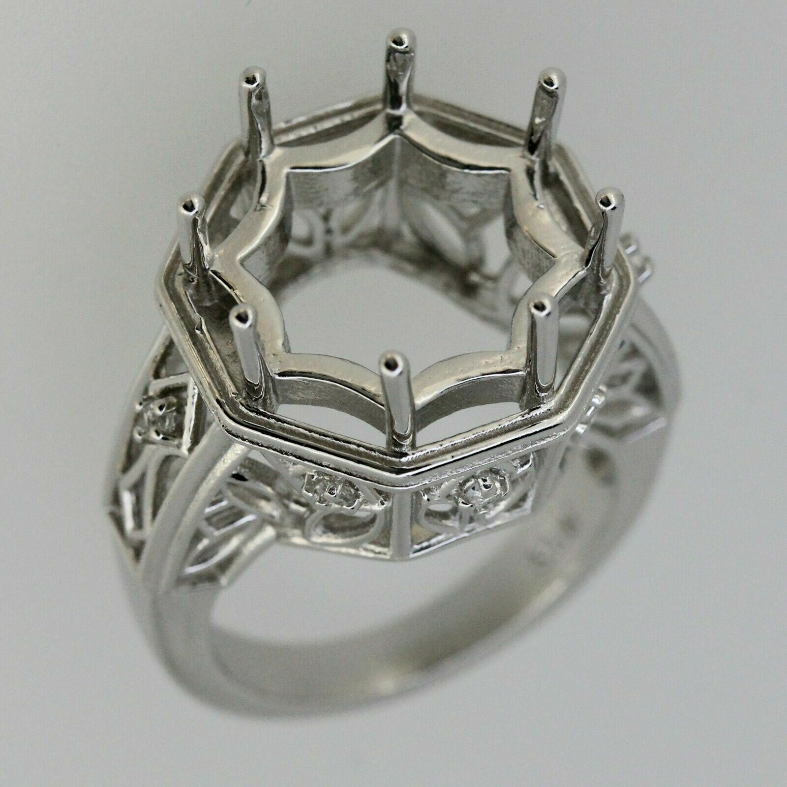 Sterling Silver Semi Mount Ring Setting Round RD 15x15mm Art Deco Style