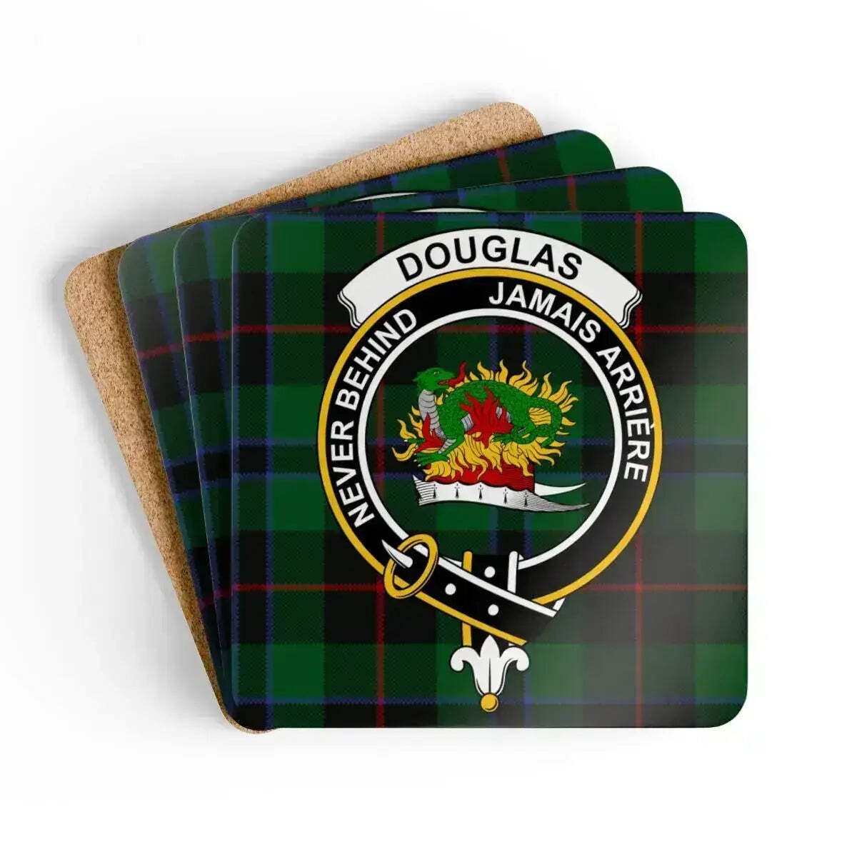 Douglas Clan Crest Tartan Coaster Set – Set of 4 Natural Cork