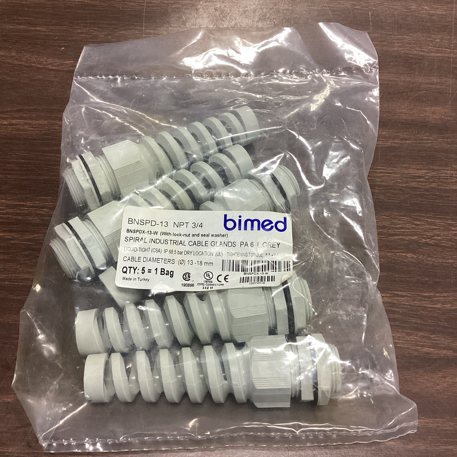 Bimed BNSPD-13 NPT 3/4 Spiral Industrial Cable Glands PA6 L.GREY