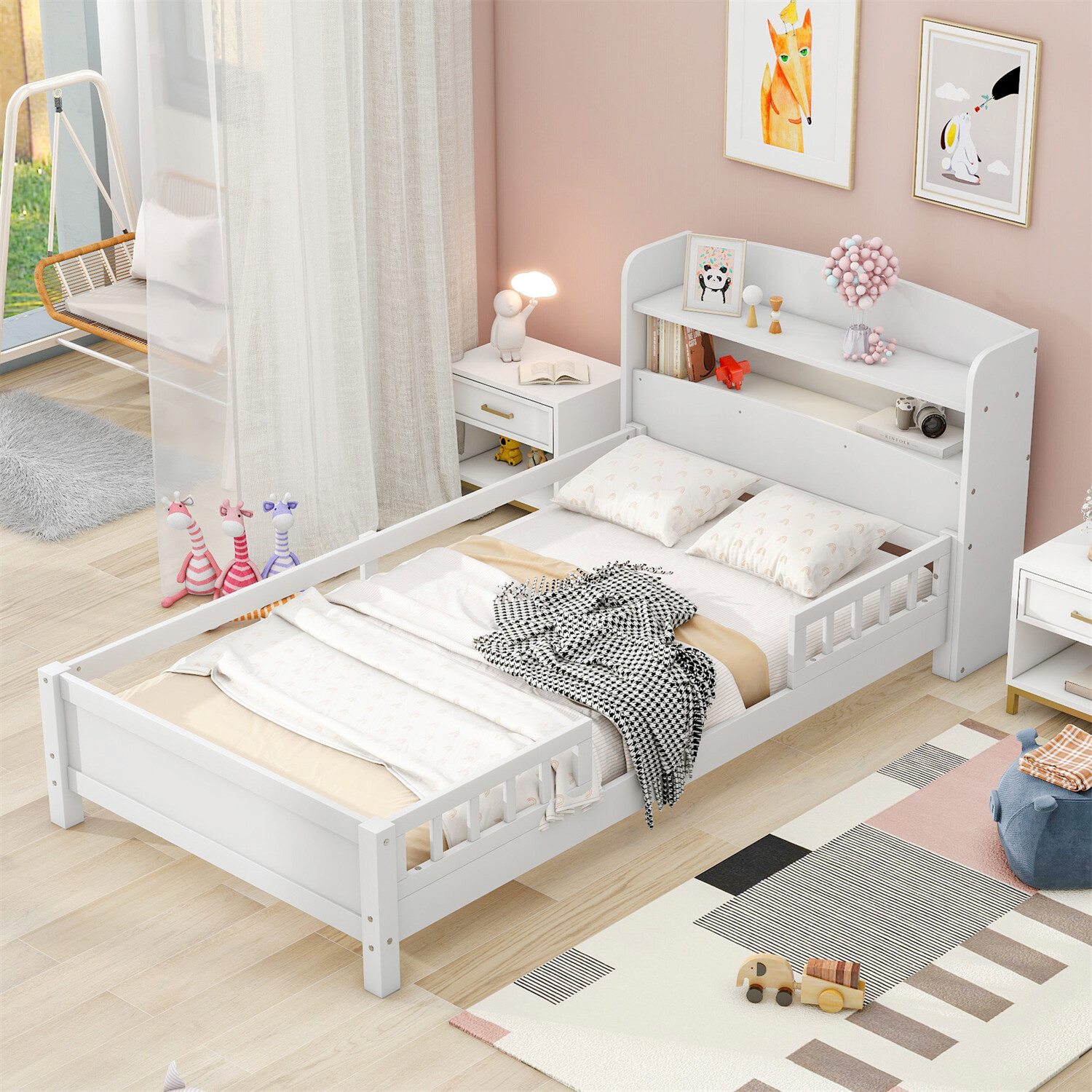 Twin/Full Size Bed Frame Wood Platform Bed w/ Storage Headboard White/Gray