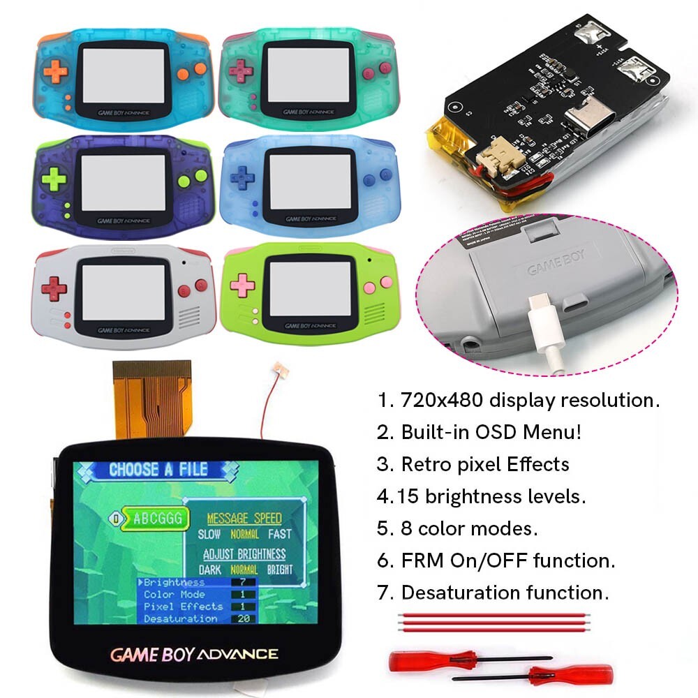 Hispeedido Game Boy Advance GBA IPS V5 LCD Kits UBS 1800mAh batteries W/Housing