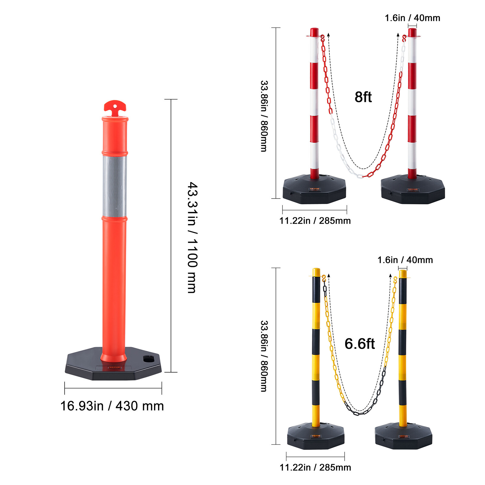 VEVOR 2/4/6PCs Traffic Delineator Post Cones with Fillable Base 8/6.6FT Chain