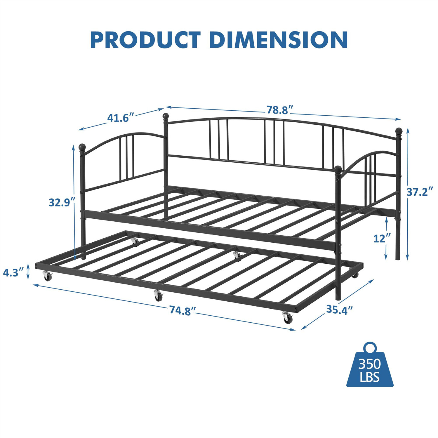 ⏯Metal Daybed with Trundle Daybed Frame with Headboard and 6 Casters Guest Sofa