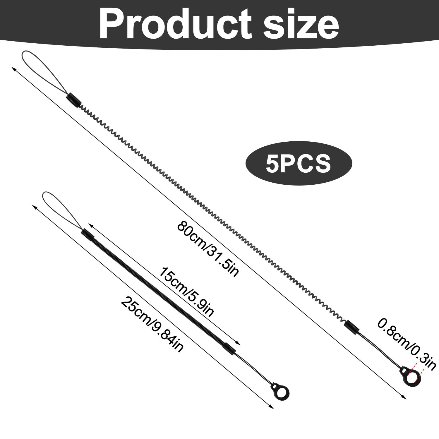 5pcs Elastic Lanyard Tether, Silicone Pen Leash Retractable Black