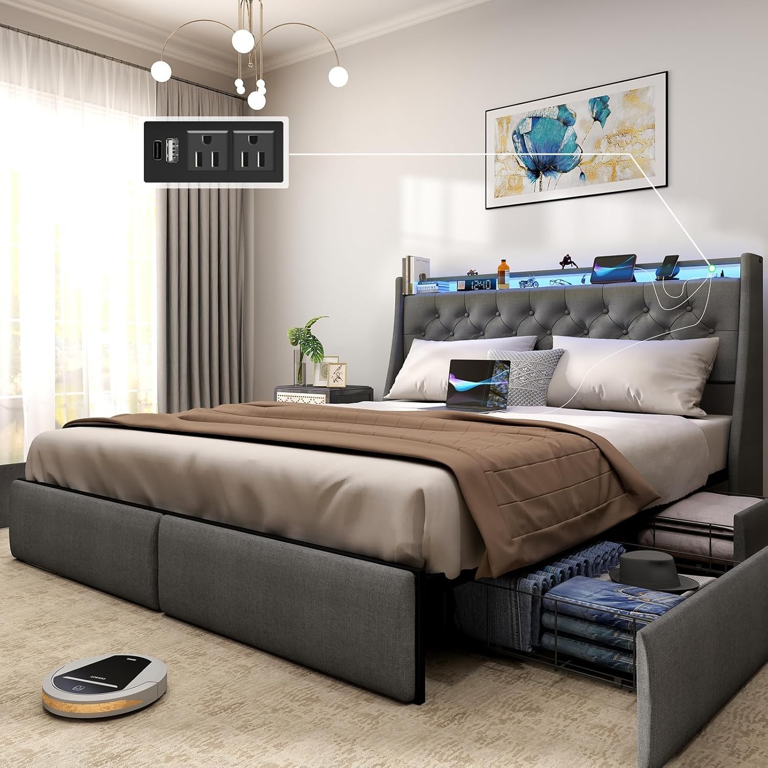 King Queen Full Size Bed Frame with Drawers & Charging & Headboard ＆ LED Lights