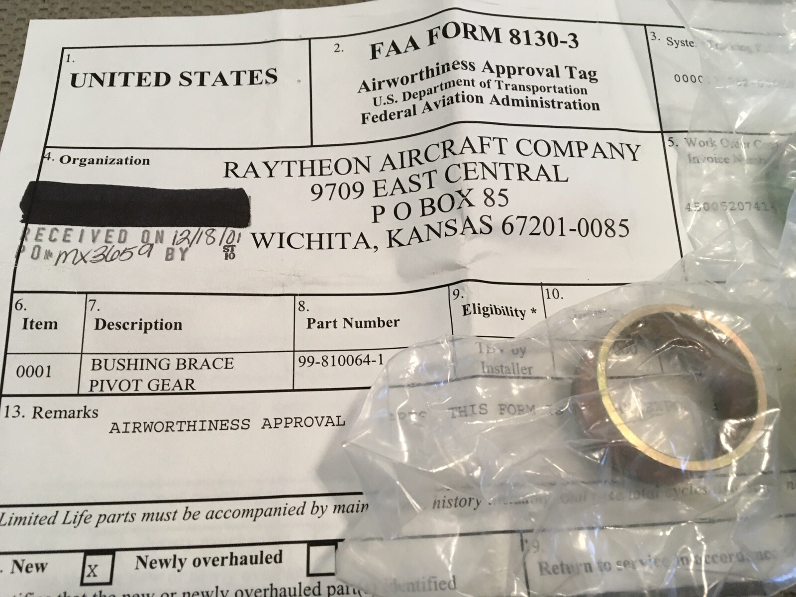 99-810064-1 Beechcraft Bushing Brace Pivot Gear