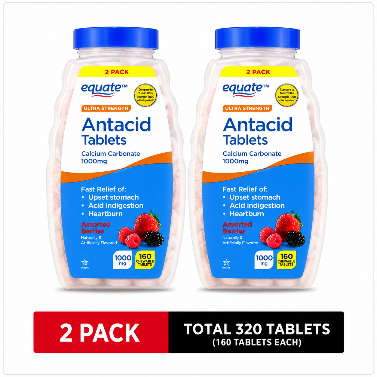 Equate Calcium Carbonate Antacid Chewable Tablets 160 Ct Twin Pack
