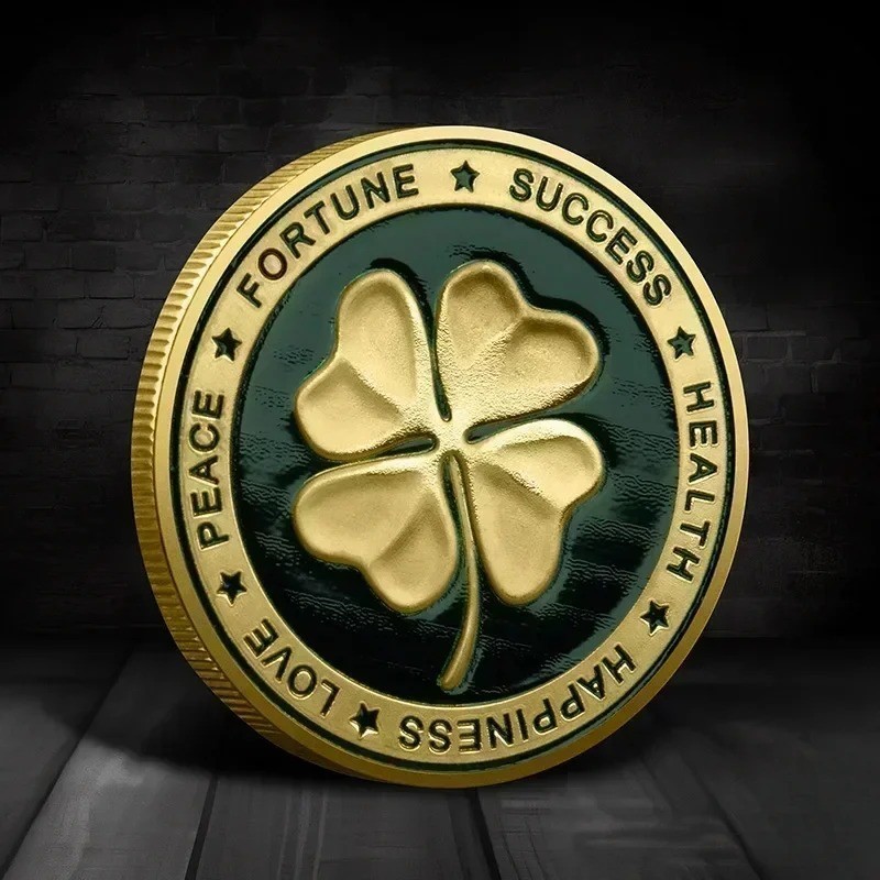 Four Leaf Clover Commemorative Coin 4cm Metal Souvenir w/ Case
