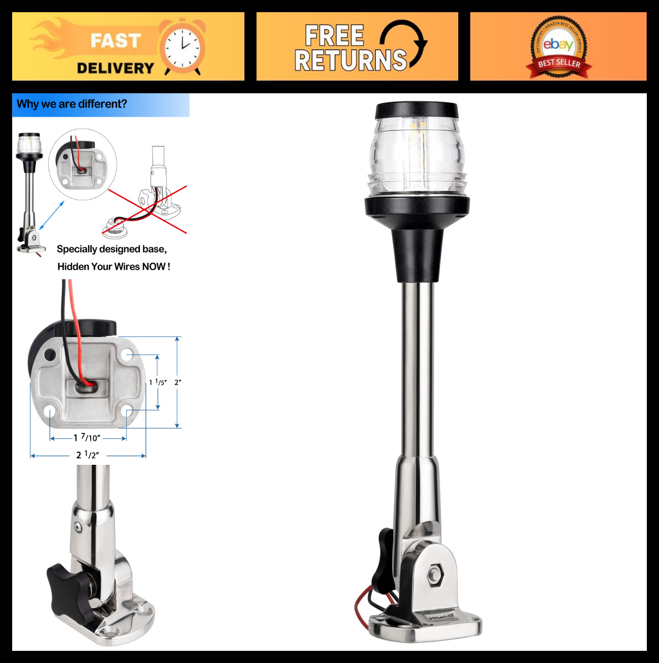 3-NM LED Fold Down Boat Stern Light 360° All Round Anchor Light for Pontoon, Fis