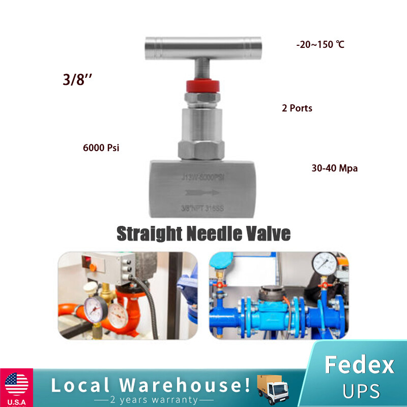 3/8" Stainless Steel Needle Valve, Threaded Flow Control, 6000 Psi Max