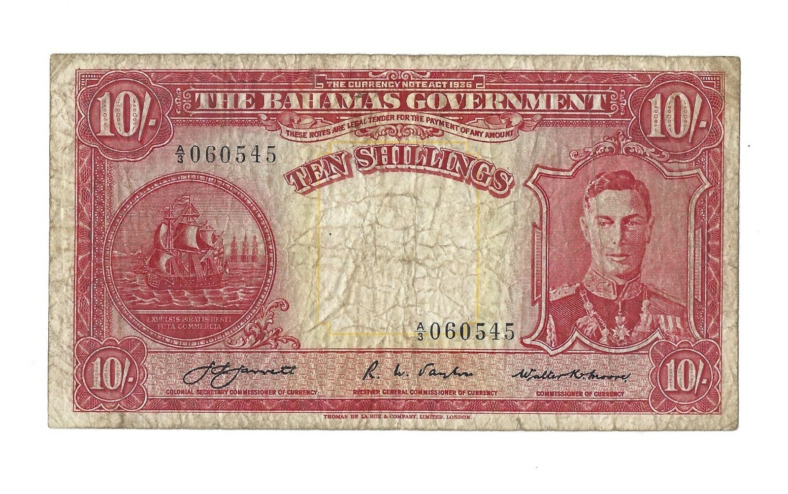 BAHAMAS 10 Shillings 1936, P-10a Jarrett-Taylor-Moore, 1st Sig Variety KGVI RARE