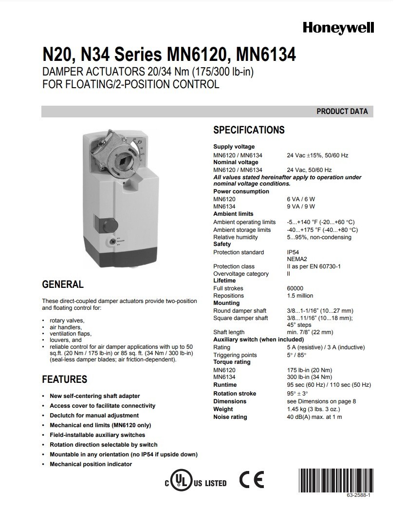 Honeywell MN7220A2007 - 24 V Non-Spring Return Damper Actuator