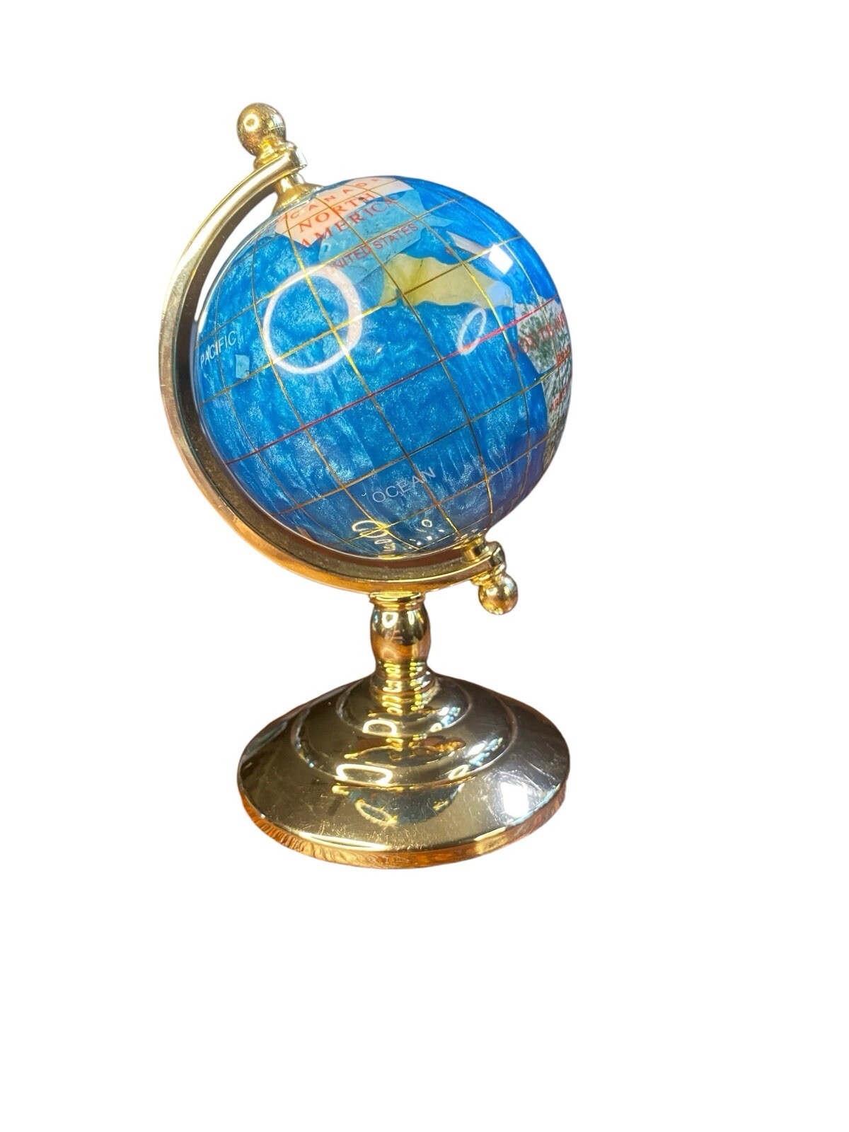 World Globe  5.5” Inlaid Gemstone M Of Pearl & acrylic  Mini Desk Sit Top Brass
