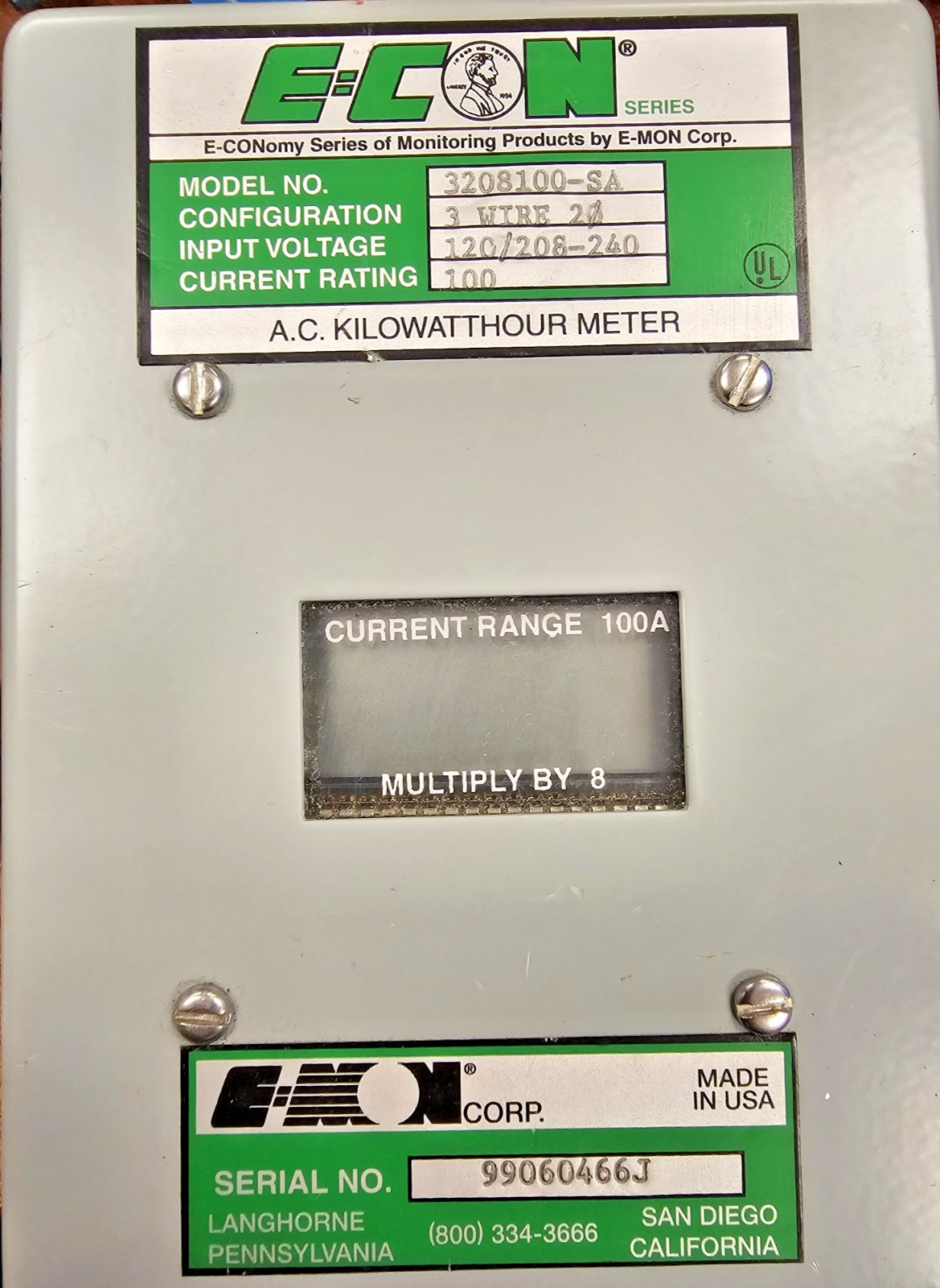 E-CON 3208100-SA KWH Meter 100A 3-WIRE 2-PHASE 120/208-240 SENSORS NOT INCLUDED
