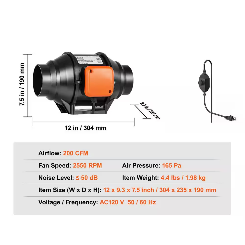 Inline Duct Fan 4-In. 200 CFM with Variable Speed Controller Quiet Ac-Motor Vent