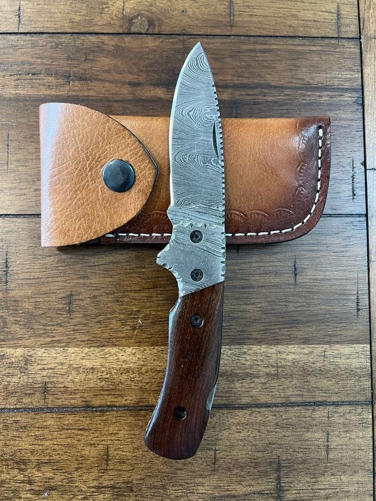 CUSTOM HANDMADE DAMASCUS WOOD HANDLE FOLDING KNIFE W/ PREMIUM SHEATH 29