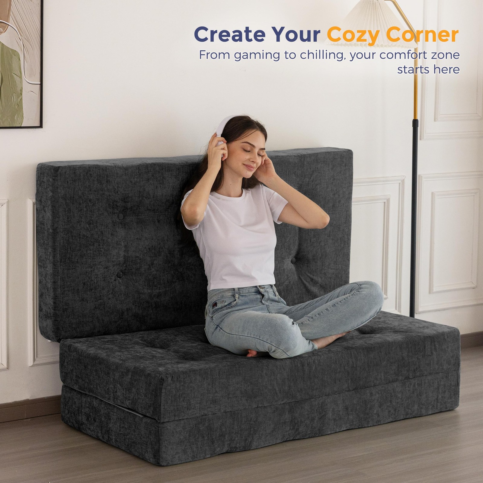 6" Folding Sofa Bed for Floor, Tufted Tri-Fold Floor Mattress with Chenille F...