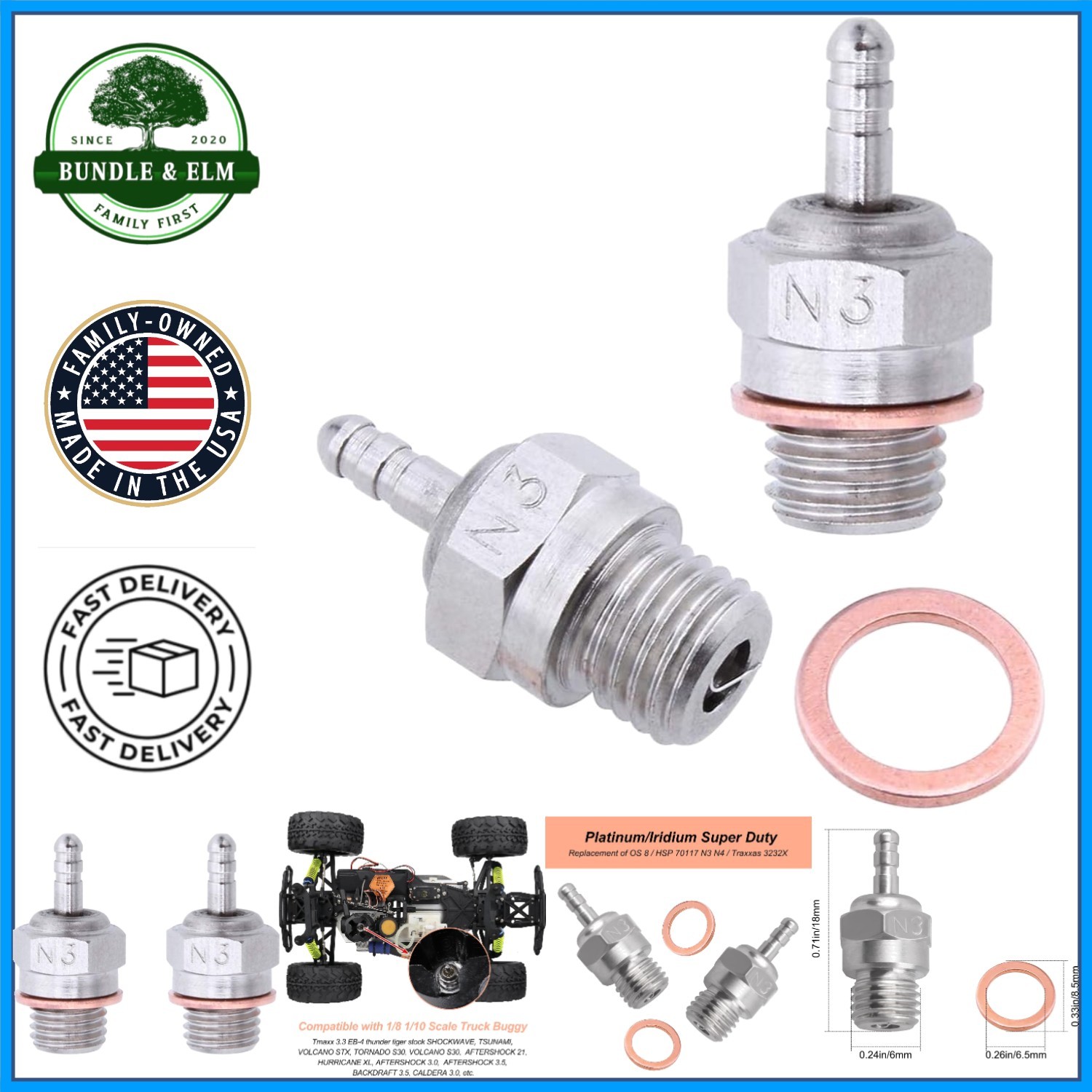 Industrial Duty Glow Plug N3 for Nitro Engines, Includes Essential Components