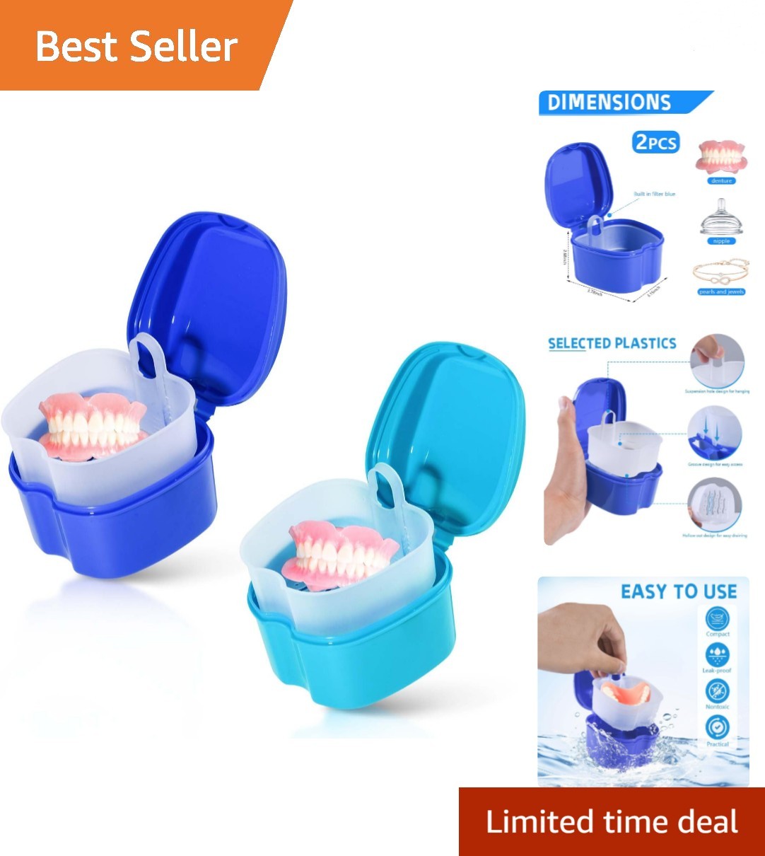 Light Blue & Blue Denture Holder Set - Convenient Strainer for Effortless Use