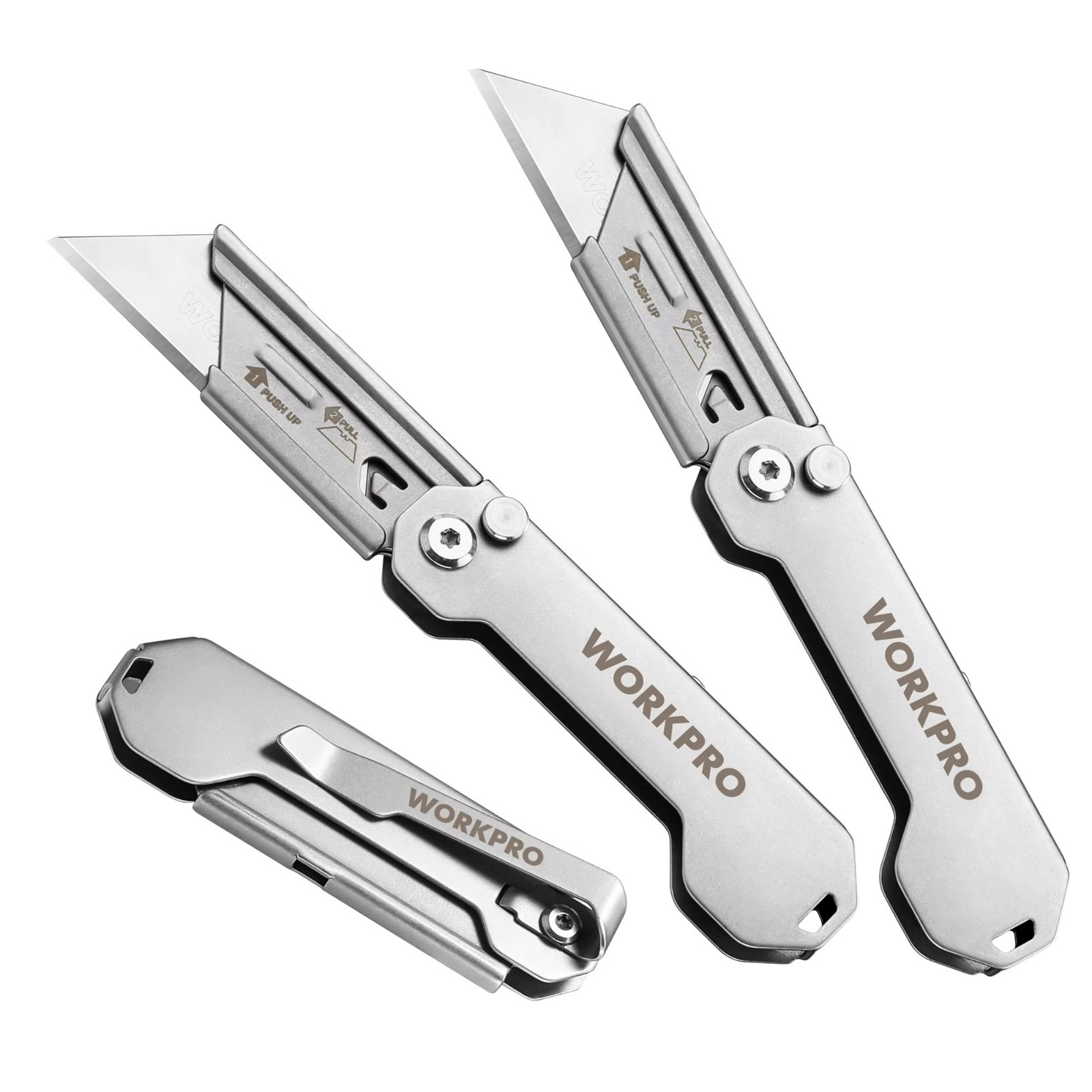 WORKPRO 3-Pack Folding Utility Knife Set Quick Change Blade Box Cutter EDC Knife