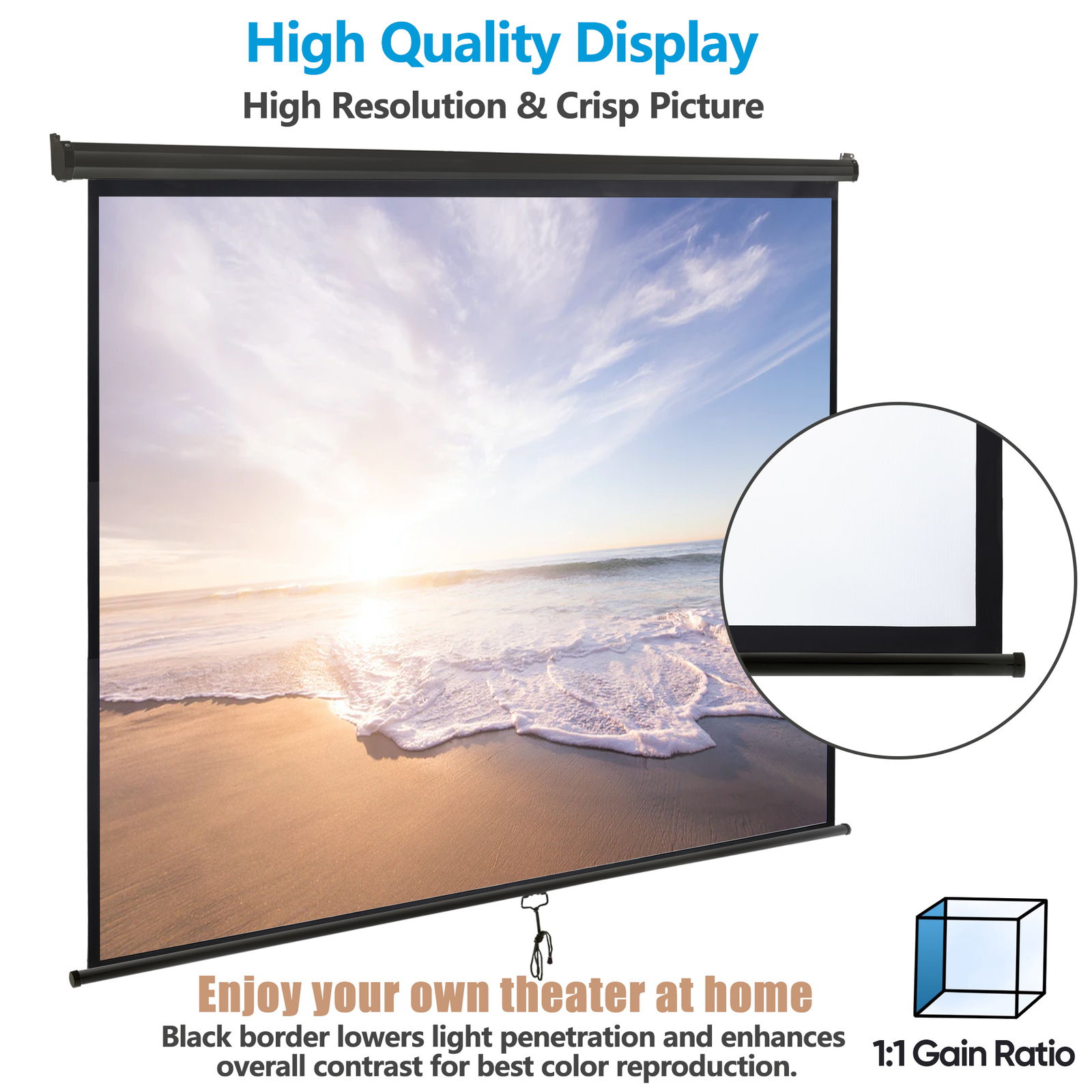 120" 1:1HD Diagonal Dimension Pull Down Projection Screen HD Movie Theater Black