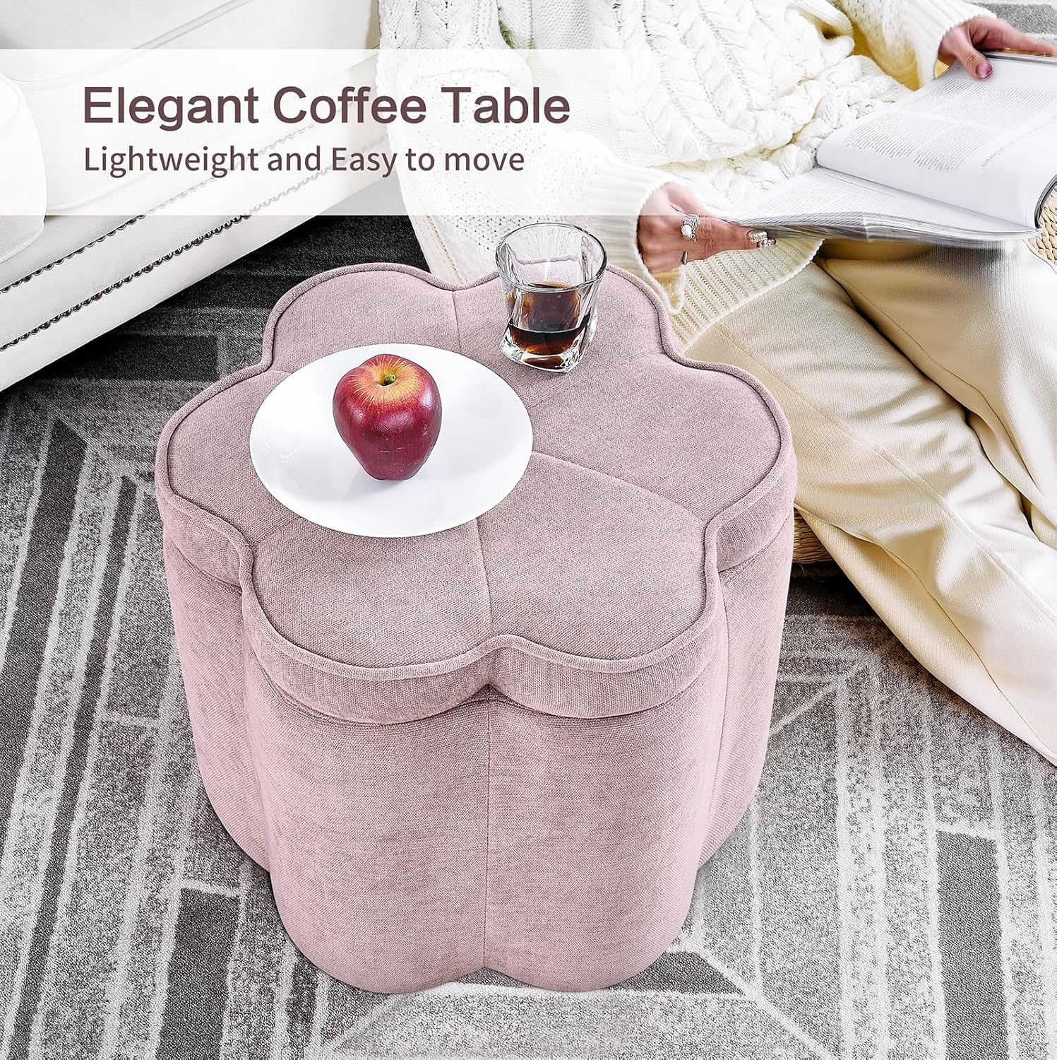 Small Pink Storage Ottoman Flower Shape Chenille Ottoman Pouf