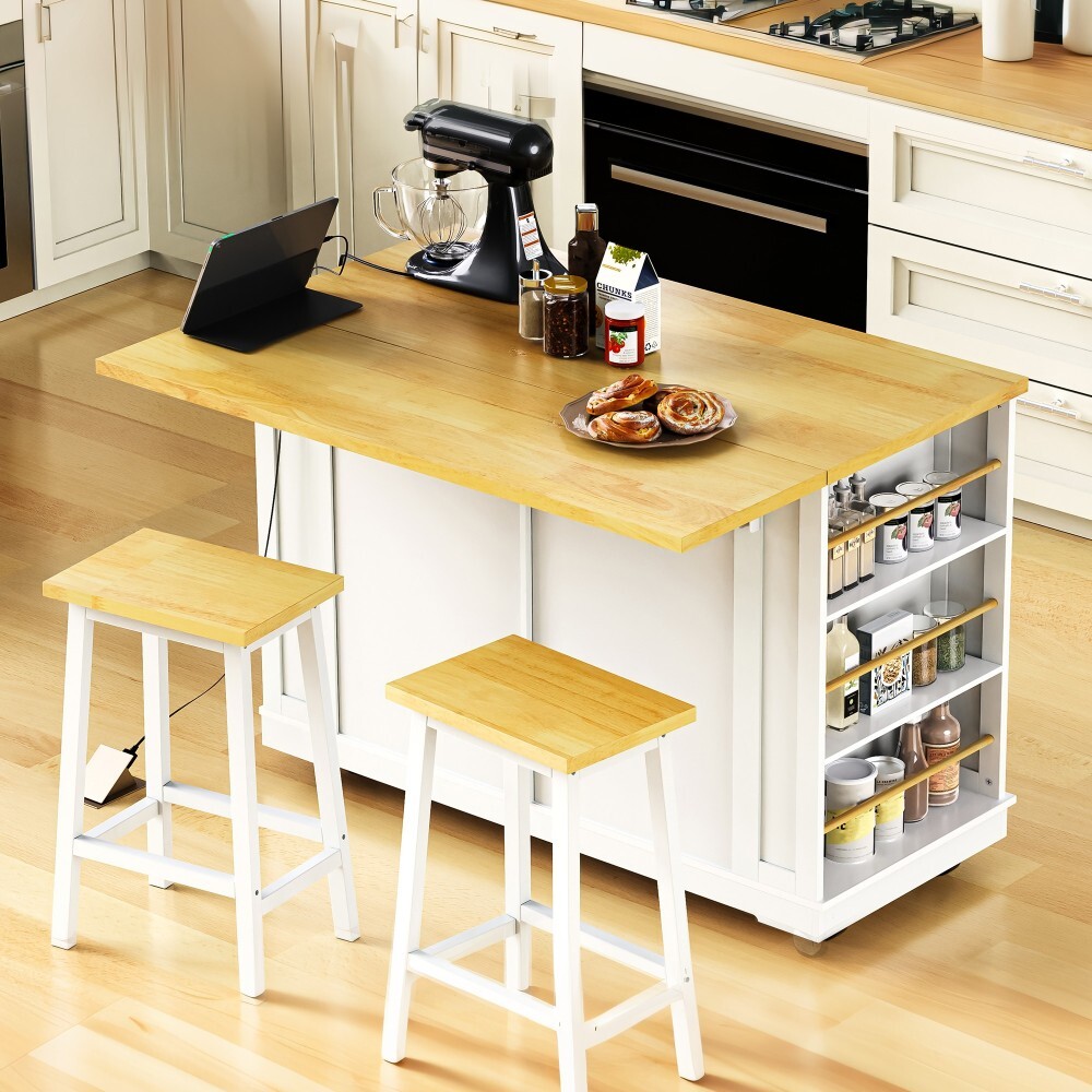 48inch Large Kitchen Island with 2 Bar Stools, Power Outlet, Storage Rack