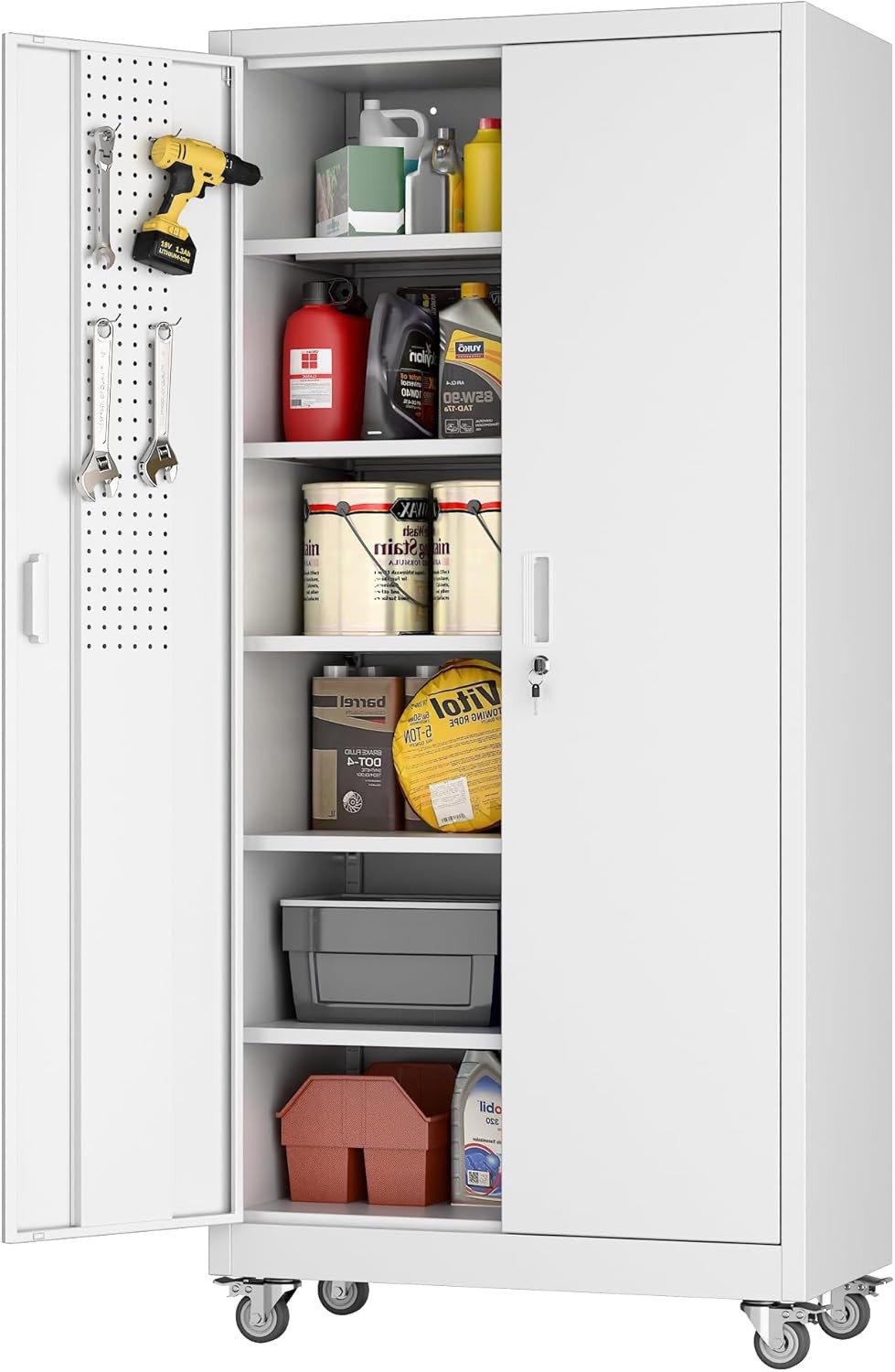 16×32×71 Inch Wheeled Steel Tool Cabinet 5 Adjustable Shelves Lockable Pegboard
