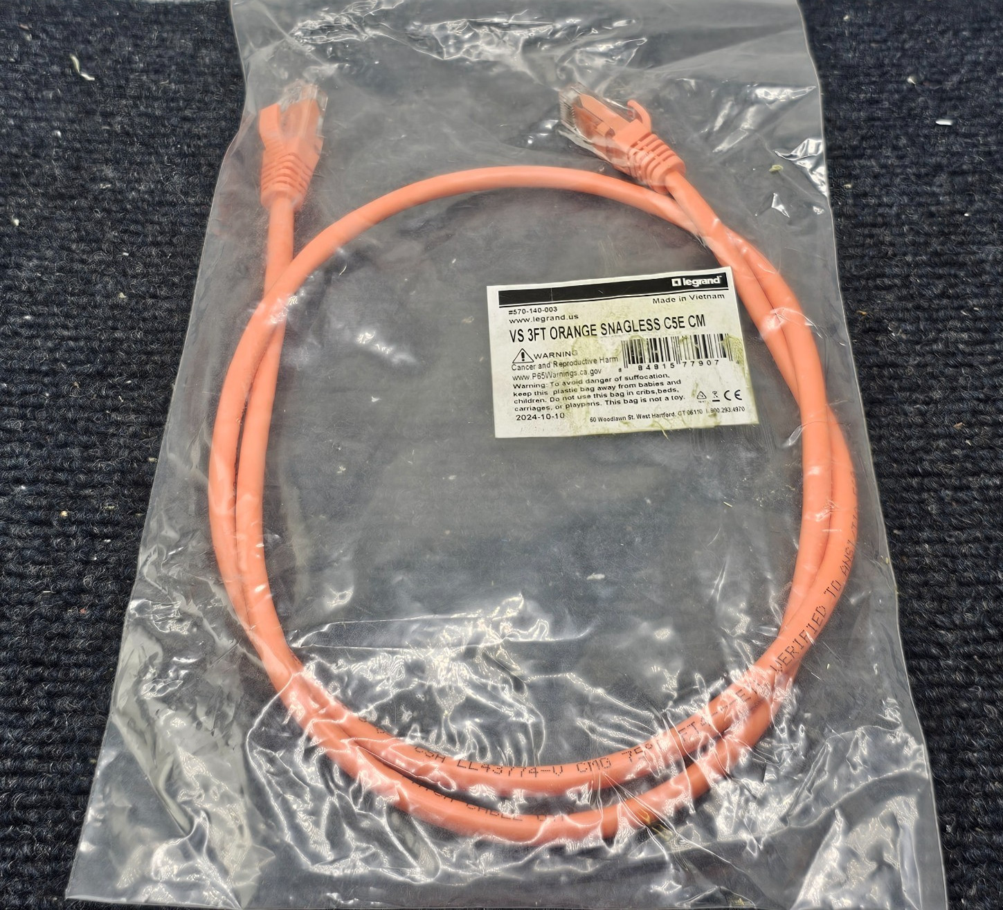 Legrand 570-140-003: Q-Series 3 ft Patch Cord, CAT5E, Booted - Orange