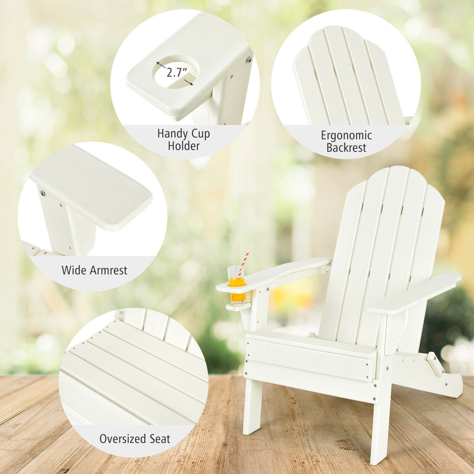 2PC Patio Folding Adirondack chair Side Table Cup Holder Poolside White