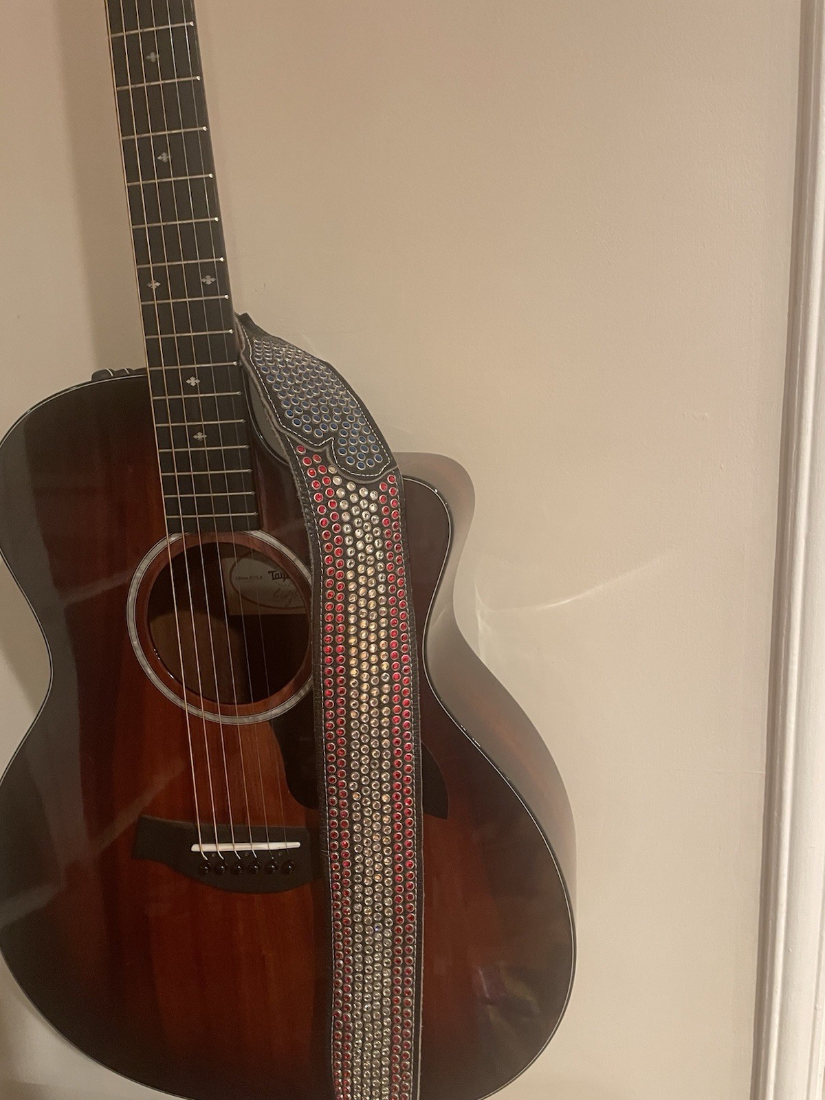 Quality Leather Swarovski Rhinestone Guitar Strap In Red White And Blue