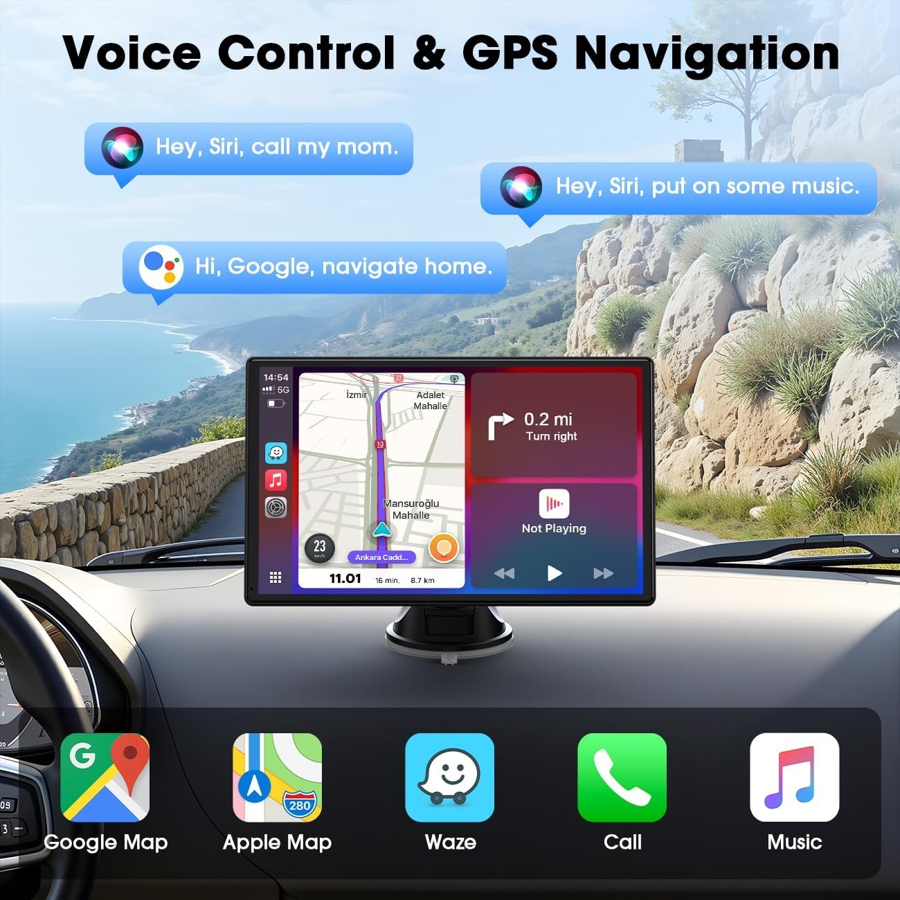 9" Wireless CarPlay Display Touchscreen Android Auto Voice Control for Car