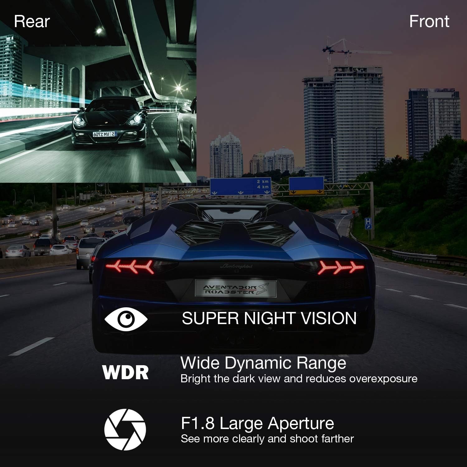 Dash Cam 1080P Front and Rear Camera Loop Recording G-Sensor 24 Hours Parking