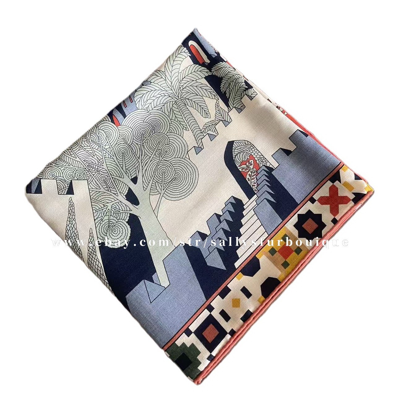 Sallys 70% Cashmere & 30% Silk Wrap Scarf Castles Print Double Face Shawl 53"