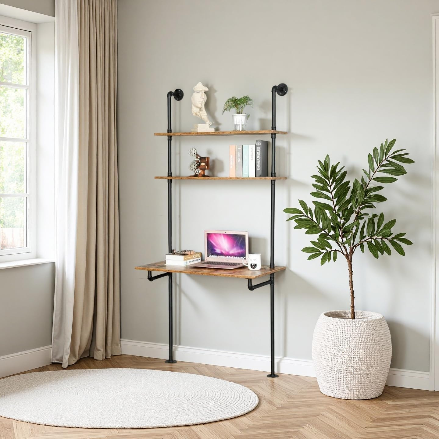 Wall Mounted Desk with Shelves, Industrial Ladder Style Floating Desk for Small