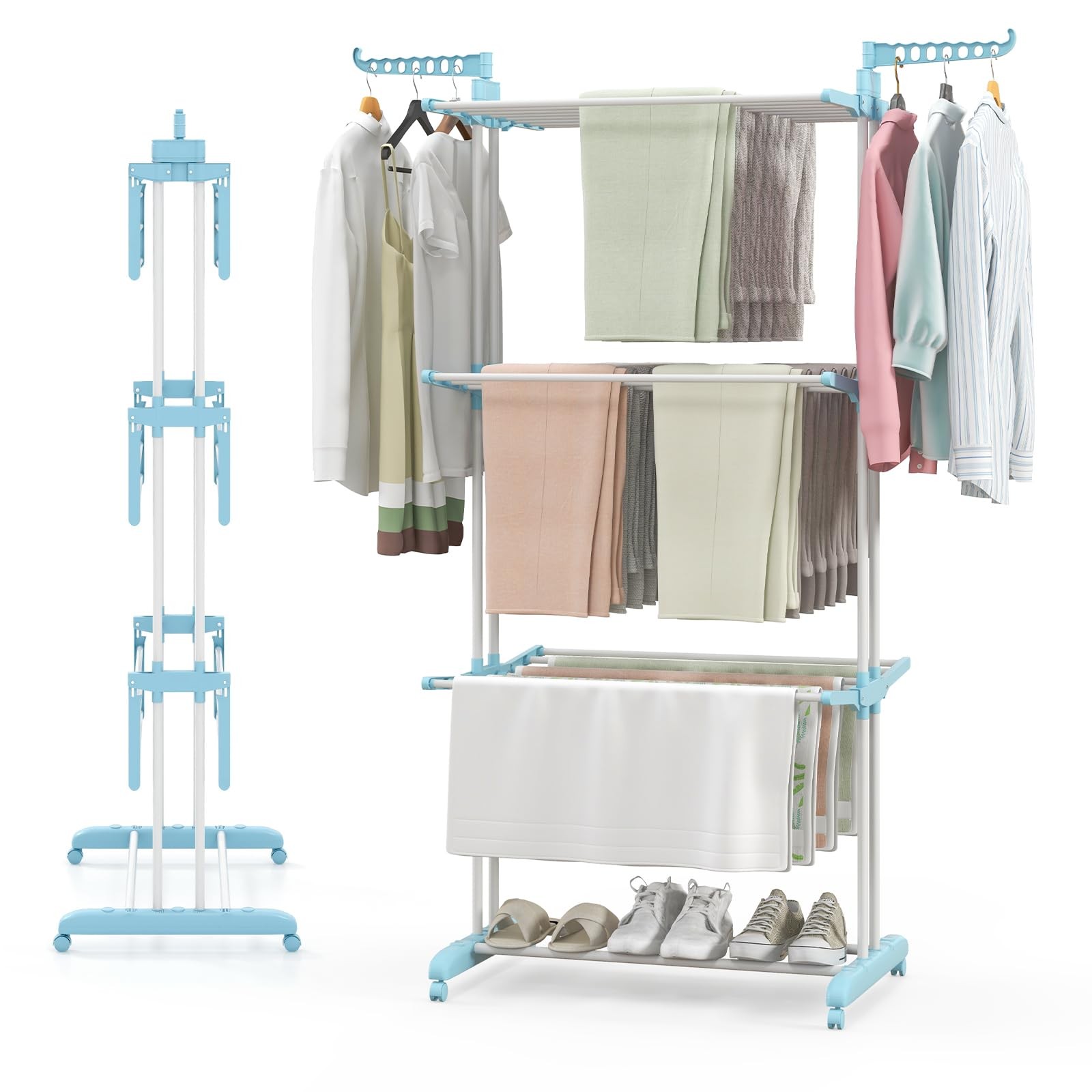 Foldable Clothes Drying Rack, Oversized 4-Tier Collapsible Laundry Rack w/ 3 ...