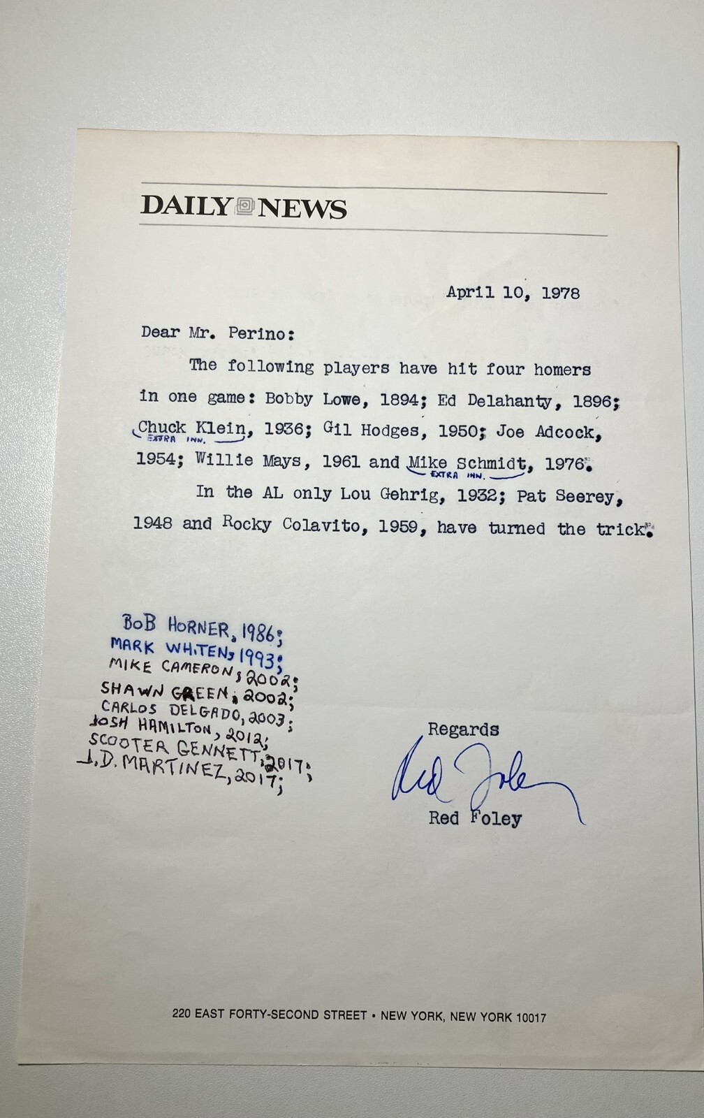 Red Foley Autographed Letter Daily News MLB JSA CERTIFIED AUTHENTIC