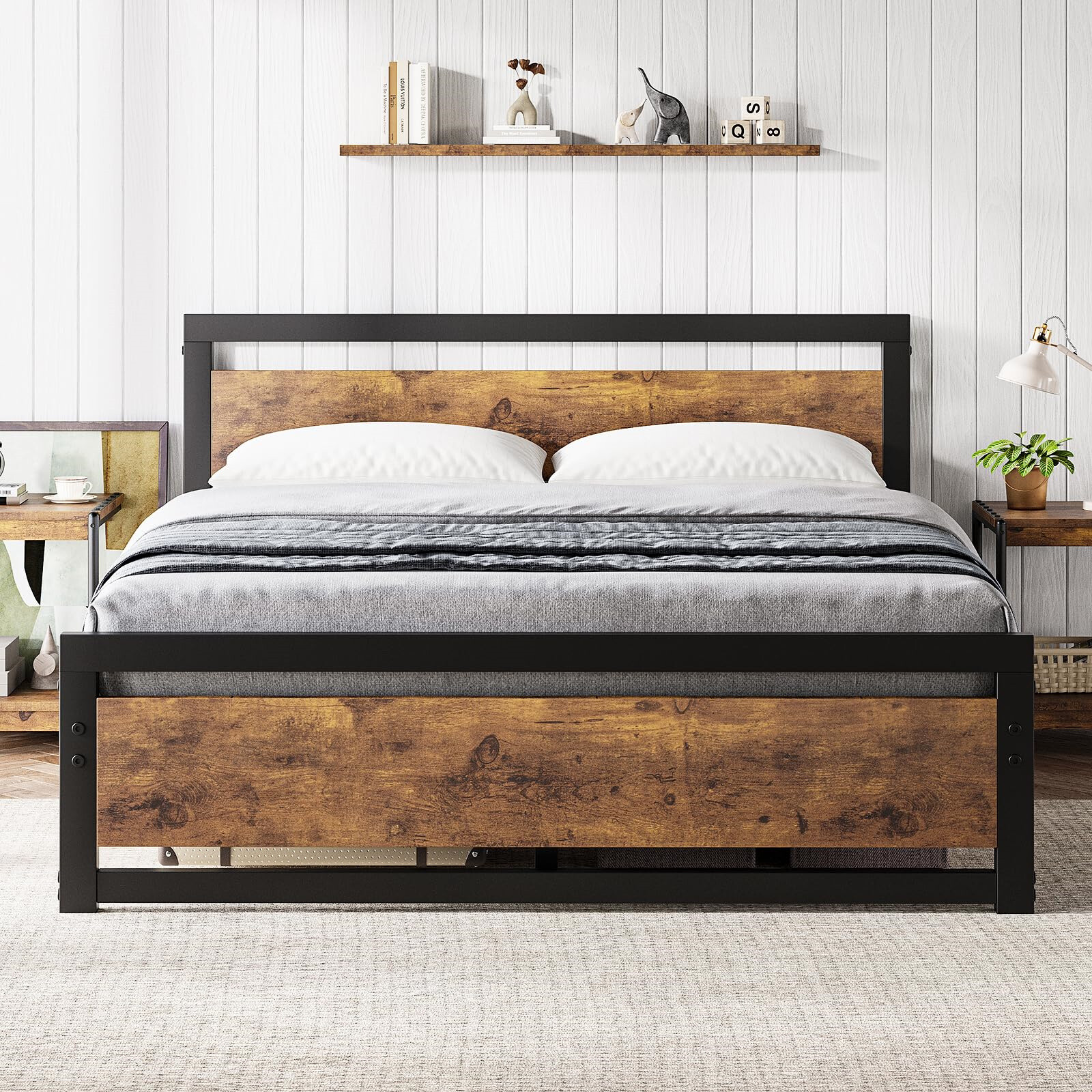 Queen/King Bed Frame with Wooden Headboard Metal Bedframe 14 inch Easy Assemble