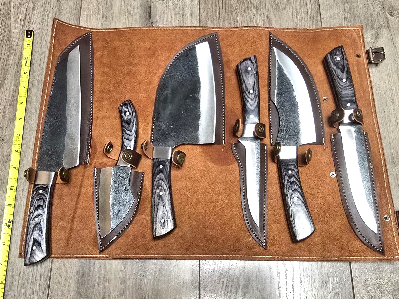 6pc Custom Hand Forged Kitchen Knife Set w/Full Tang Blades & Leather Roll Pouch