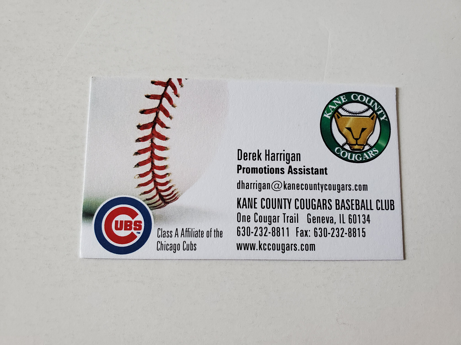 Kane County Cougars Minor Baseball Business Card - Derek Harrigan
