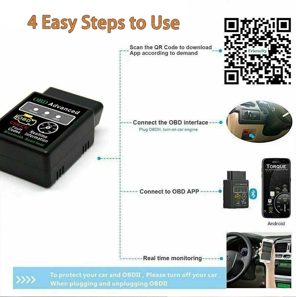 100% Bluetooth OBD2 Scanner Adapter, Wireless Detection Code Reader OBD II