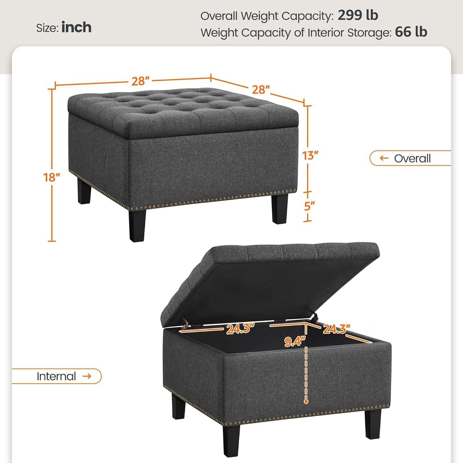 28 Inch Entryway Ottoman Bench Charcoal With Storage