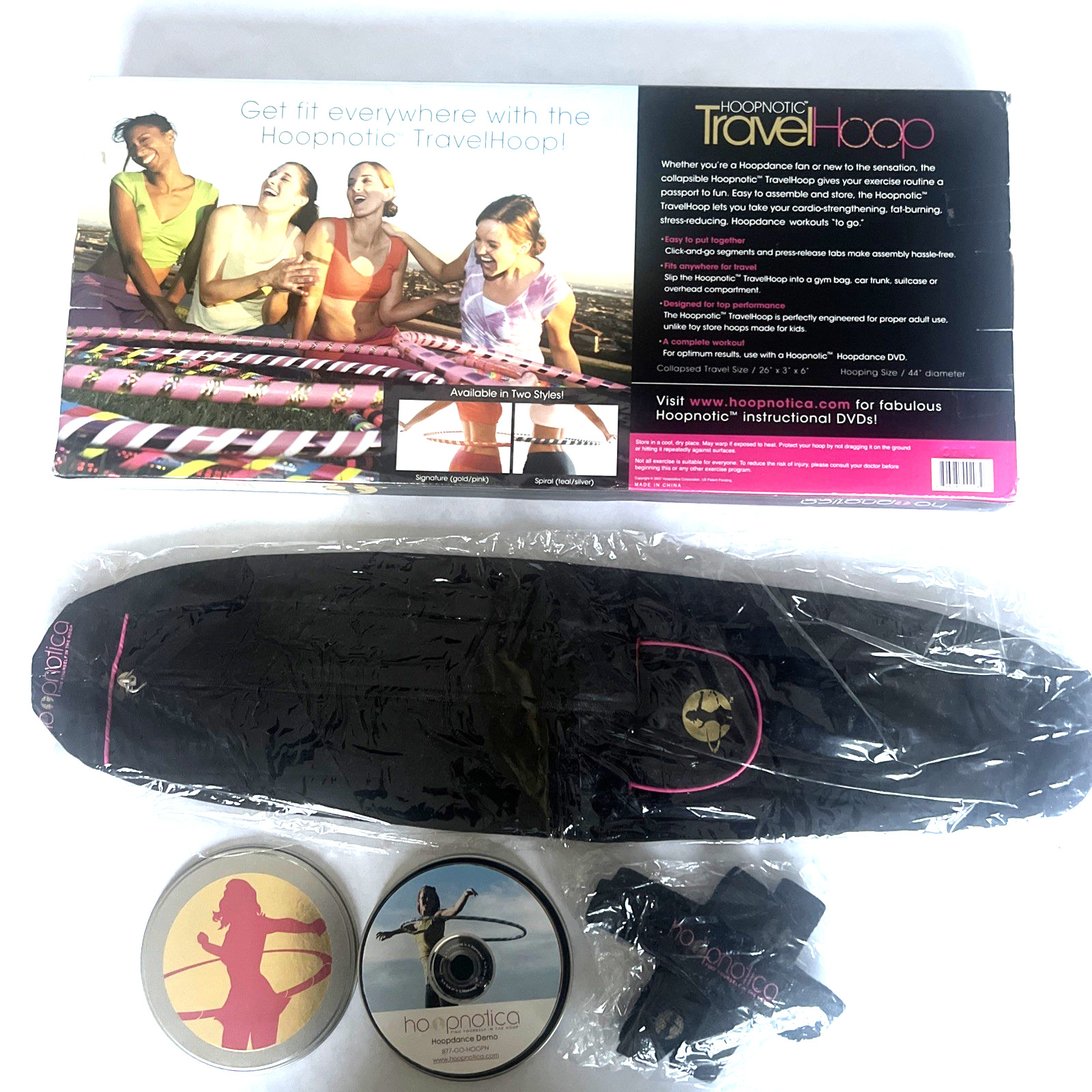 New in Box Hoopnotic Travel Hoop Exercise Kit w Instructional Video & Travel Bag