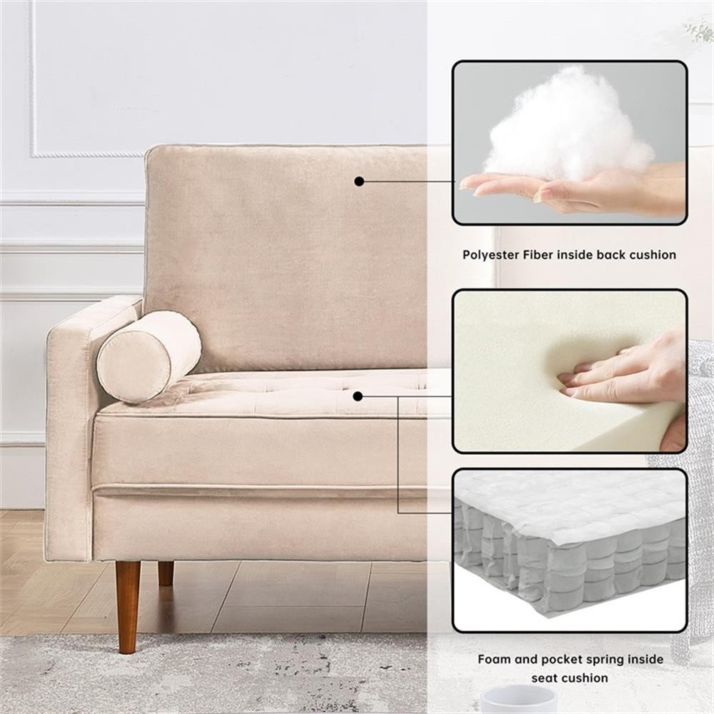 69 Inch Wide Upholstered Two Cushion Sofa with Bolster Pillows in Beige Velvet