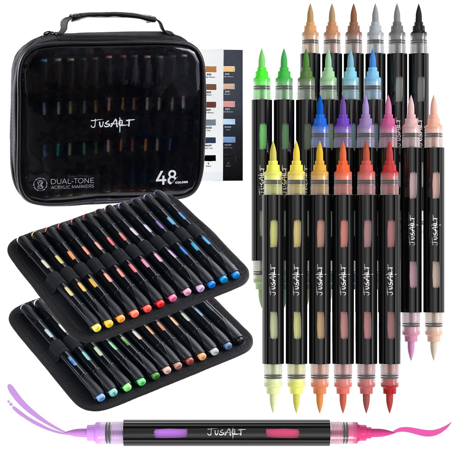 Acrylic Brush Markers, 48 Colors Brush Tip Acrylic Marker Set, 24 Dual-Tip Wa...